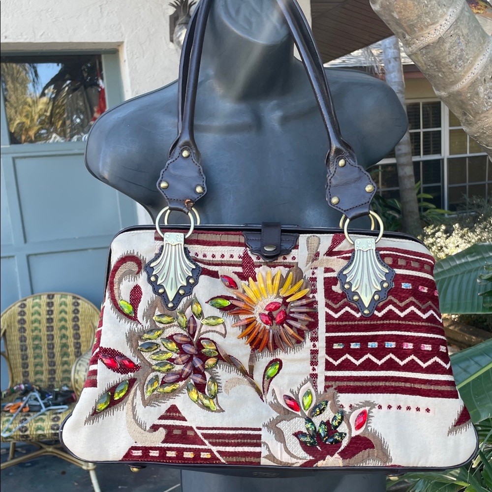 brocade and beaded and leather bag